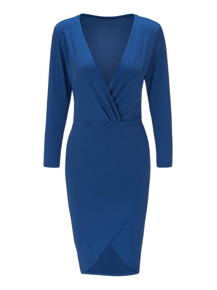 Navy Blue Regular V-Neck High-Waist Three-Quarter Sleeve Bodycon Dress