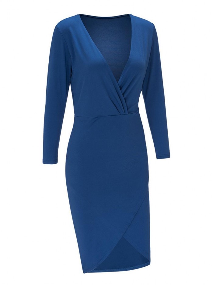 Navy Blue Regular V-Neck High-Waist Three-Quarter Sleeve Bodycon Dress