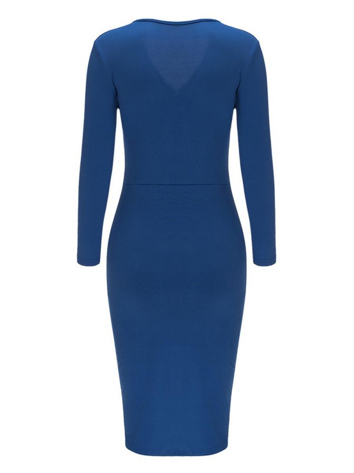 Navy Blue Regular V-Neck High-Waist Three-Quarter Sleeve Bodycon Dress