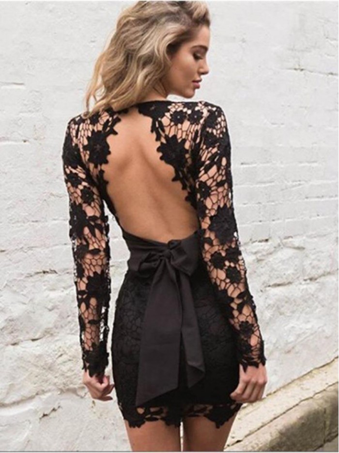 black/pink Above Knee lace Long Sleeve Bodycon backless Dress