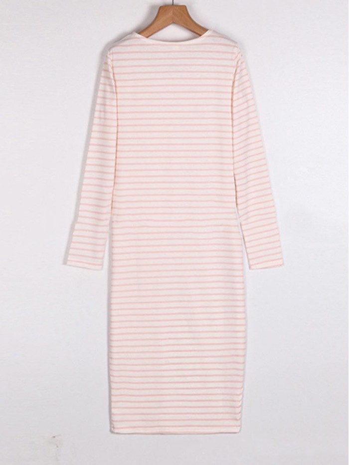 Casual Pink/Black Stripe Regular Round Neck Long Sleeve Dress