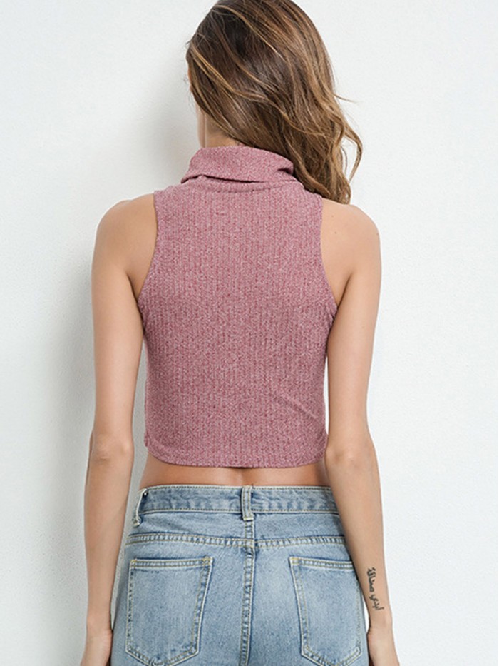 Red Regular Solid Color Turtleneck Sleeveless Vests