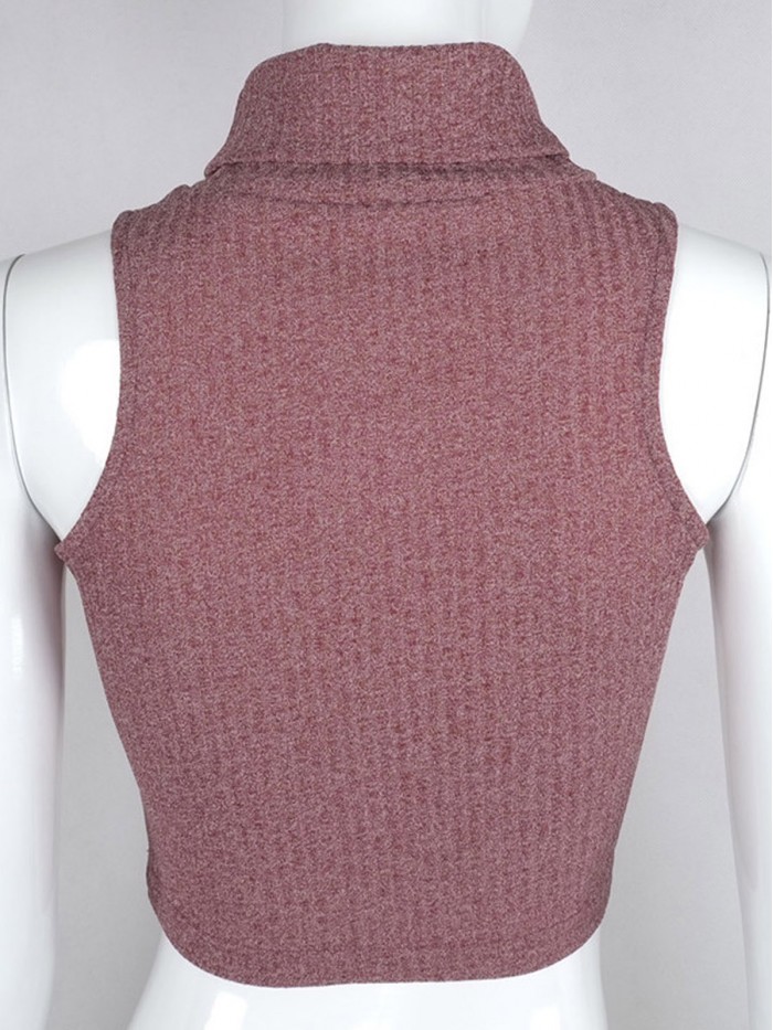 Red Regular Solid Color Turtleneck Sleeveless Vests