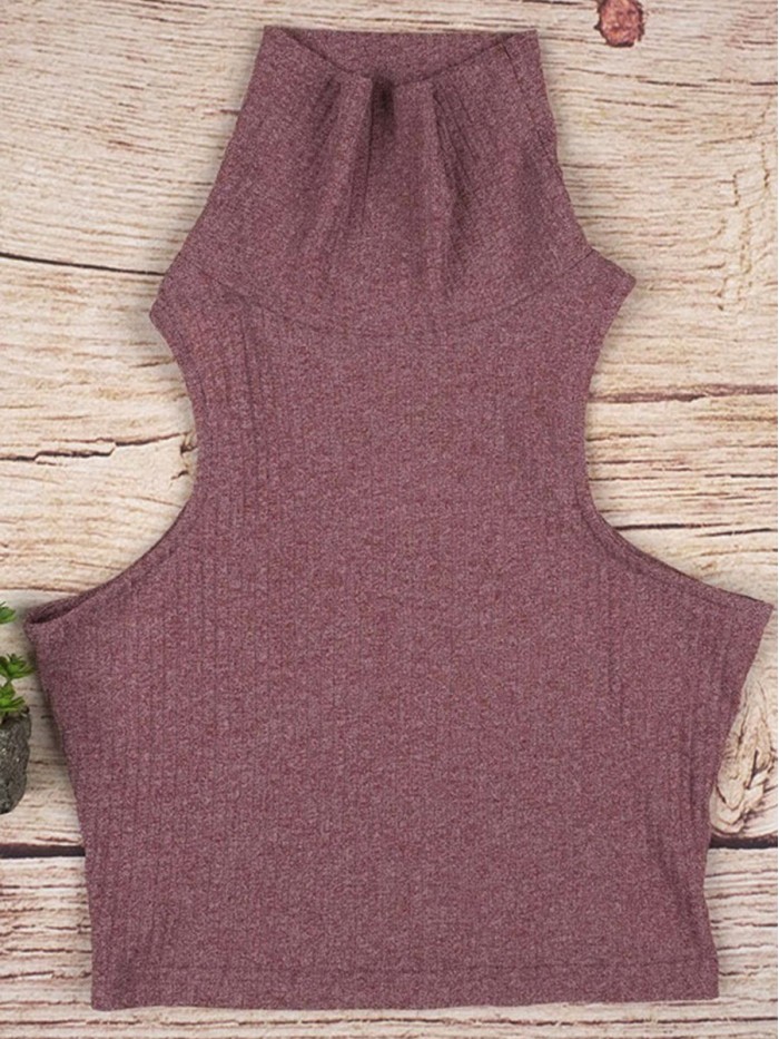 Red Regular Solid Color Turtleneck Sleeveless Vests