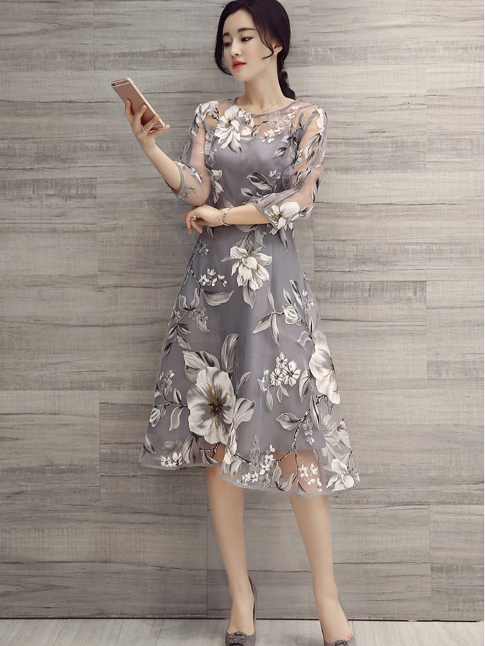 Cute Gray Three-Quarter Sleeves High-Waist Floral Dress