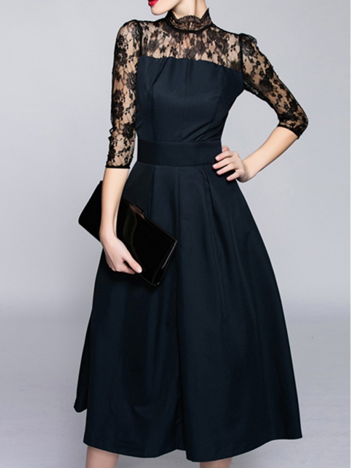 Elegant Black Three-Quarter Sleeves Lace A-line Dress