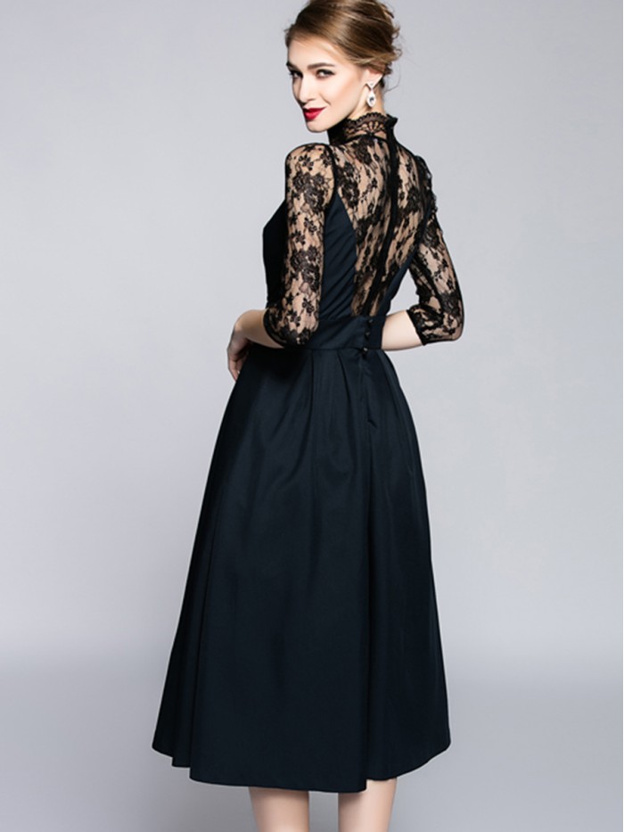 Elegant Black Three-Quarter Sleeves Lace A-line Dress