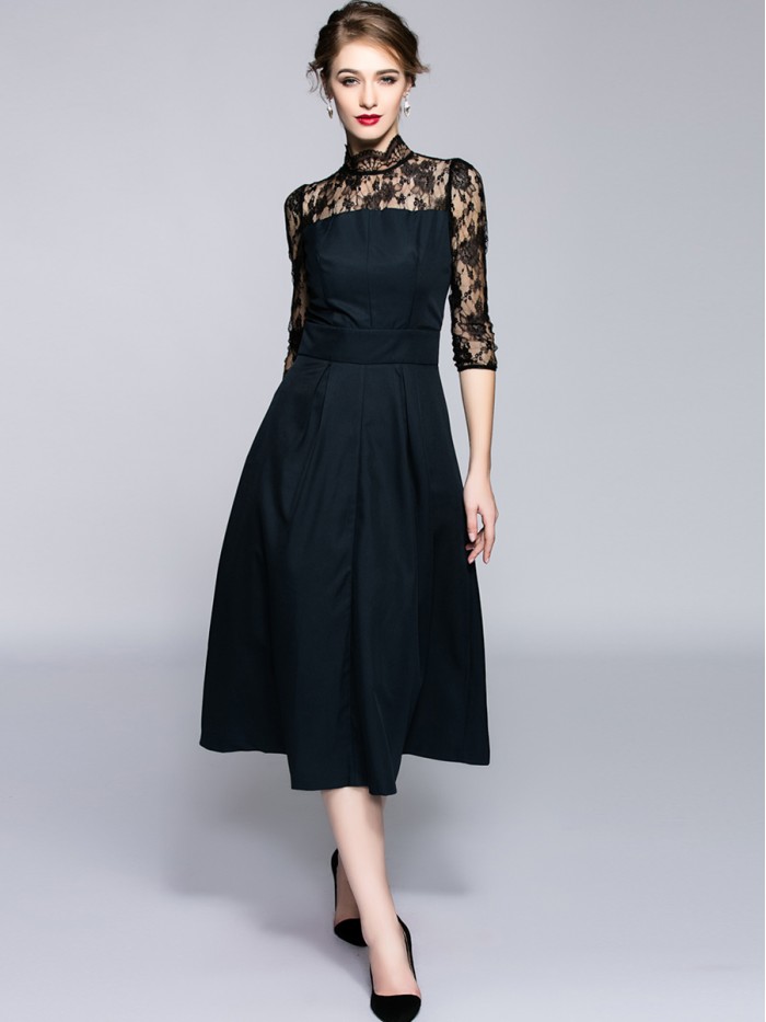 Elegant Black Three-Quarter Sleeves Lace A-line Dress