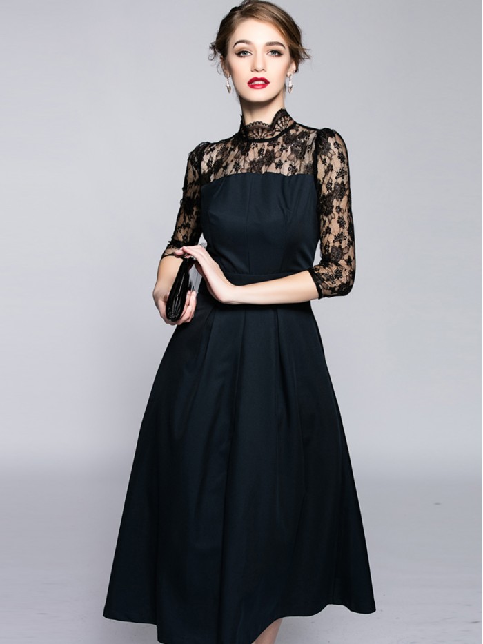 Elegant Black Three-Quarter Sleeves Lace A-line Dress