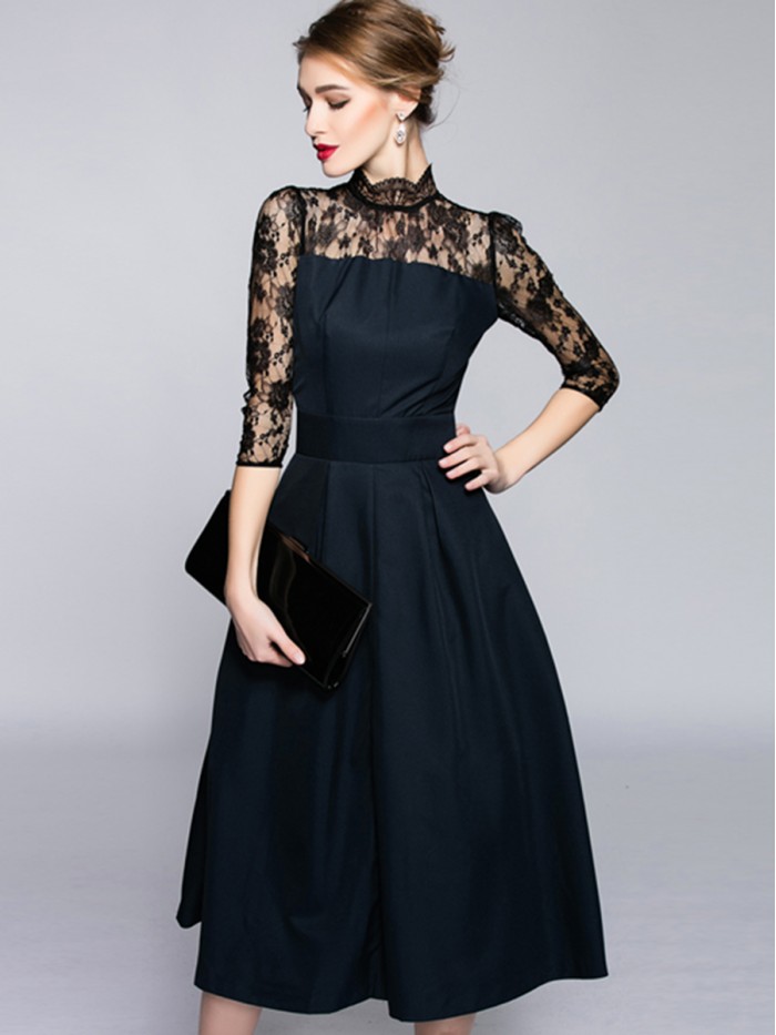 Elegant Black Three-Quarter Sleeves Lace A-line Dress