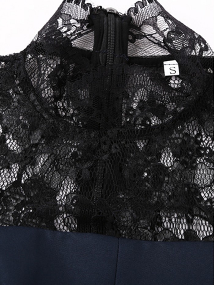 Elegant Black Three-Quarter Sleeves Lace A-line Dress