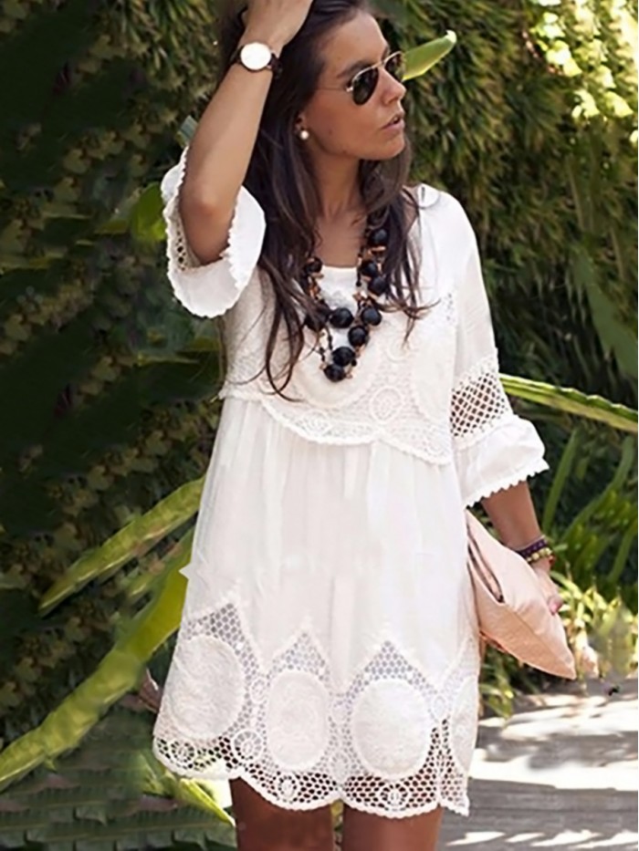 Pure White Half Sleeve Lace Hollowed-Out Loose Dress