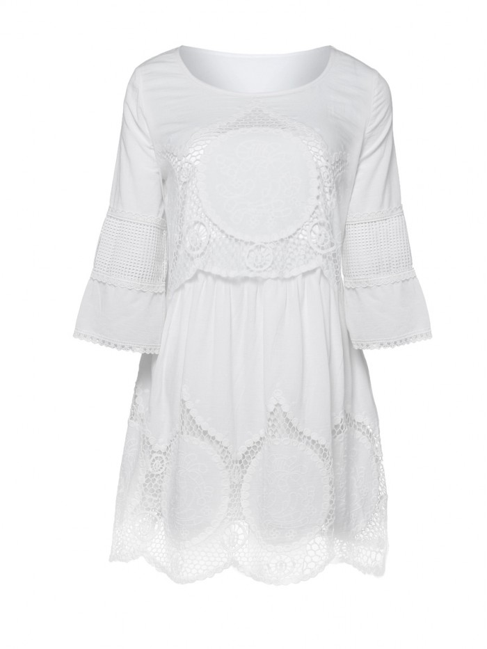 Pure White Half Sleeve Lace Hollowed-Out Loose Dress