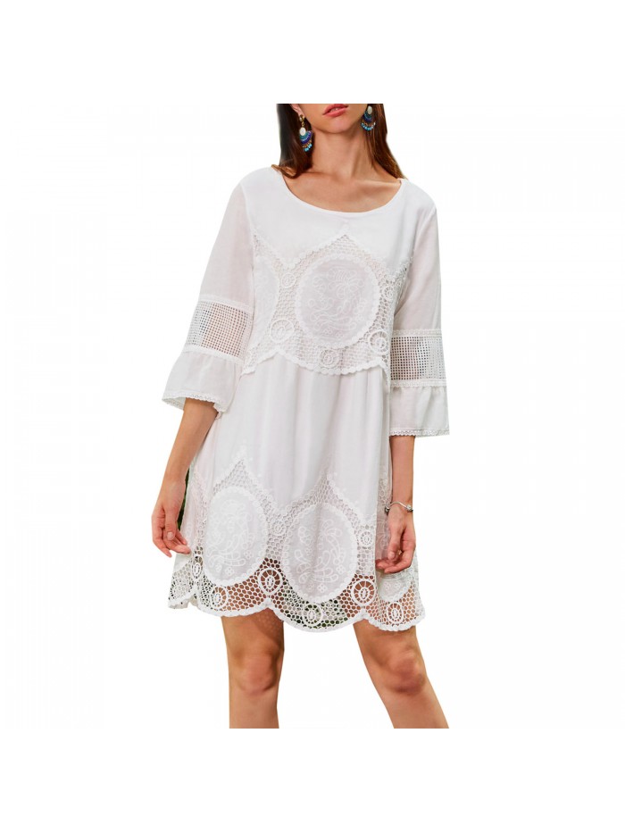 Pure White Half Sleeve Lace Hollowed-Out Loose Dress