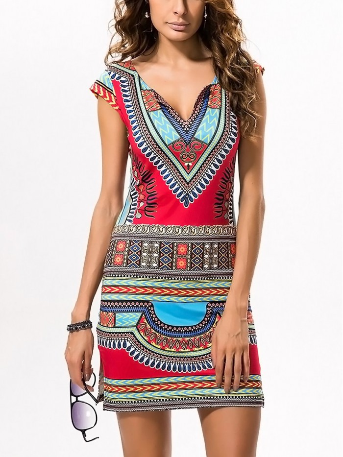 Bohemian Above Knee Print V-Neck Bodycon Dress