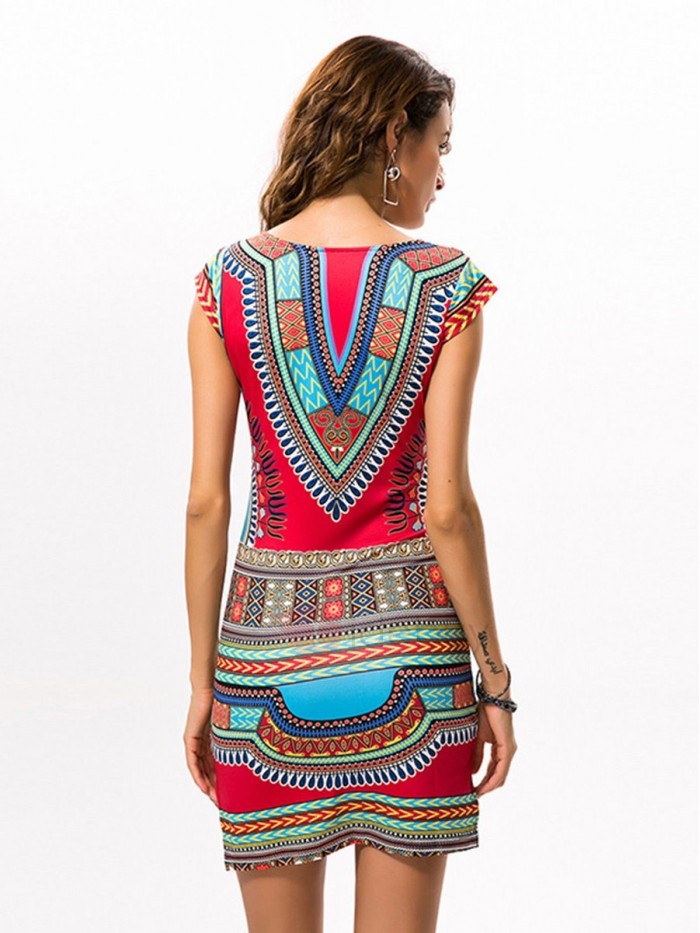 Bohemian Above Knee Print V-Neck Bodycon Dress