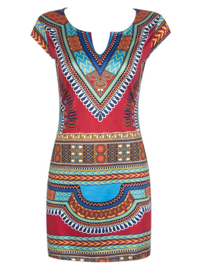 Bohemian Above Knee Print V-Neck Bodycon Dress