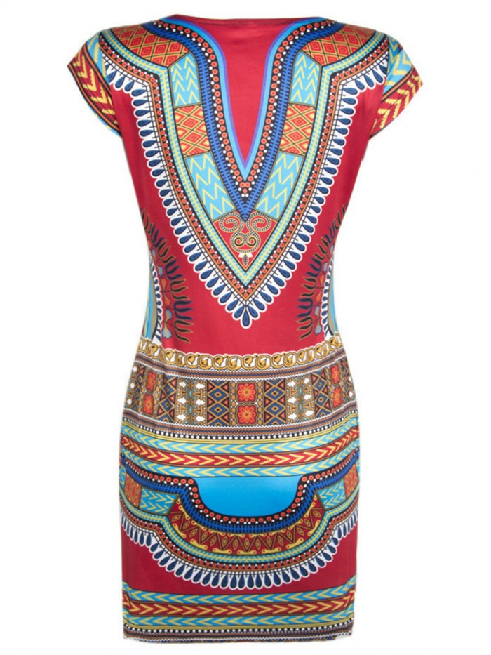 Bohemian Above Knee Print V-Neck Bodycon Dress