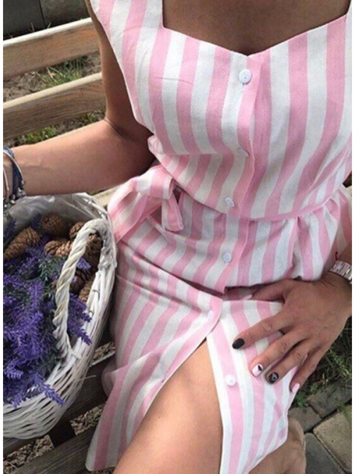 Pink/Black Belt Stripe Sleeveless Above Knee Single-Breasted Dress