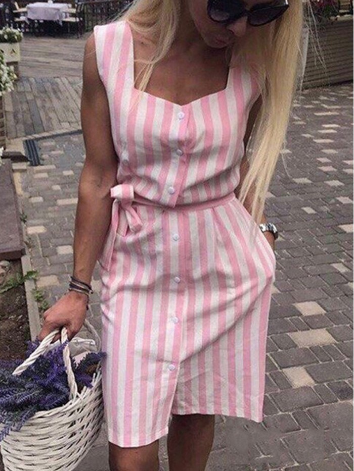 Pink/Black Belt Stripe Sleeveless Above Knee Single-Breasted Dress