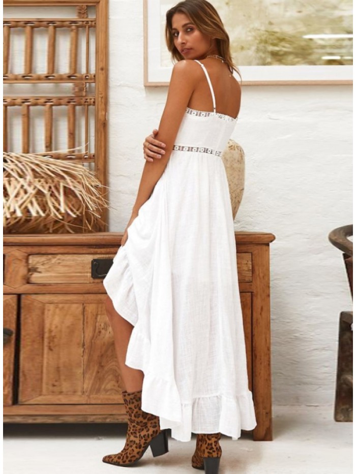 Pure White Asymmetric Hollowed-out V-Neck Dress