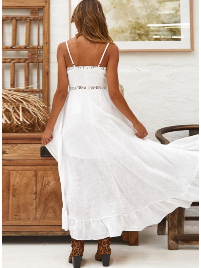 Pure White Asymmetric Hollowed-out V-Neck Dress