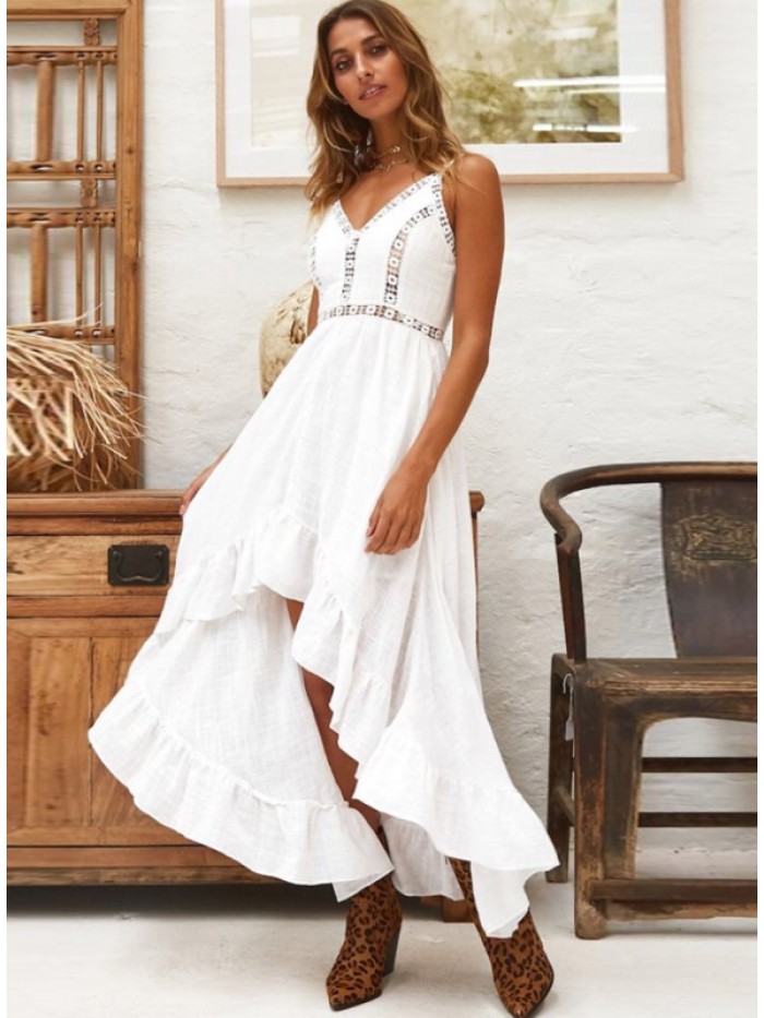 Pure White Asymmetric Hollowed-out V-Neck Dress