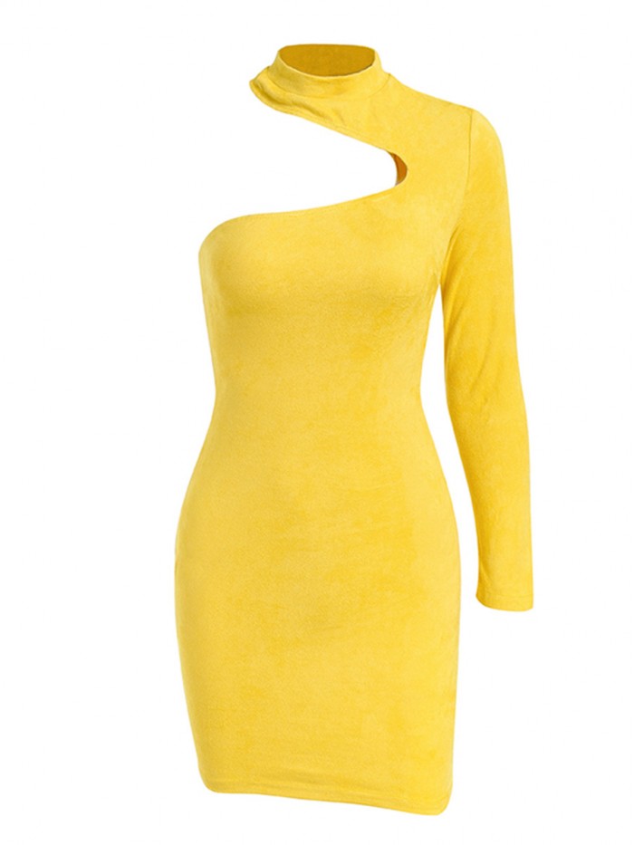 Sexy Yellow Long Sleeve Asymmetric Turtleneck One-Shoulder Fall Dress