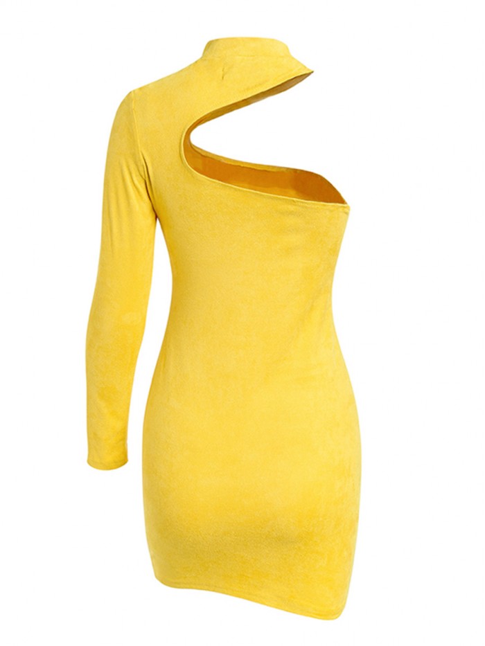 Sexy Yellow Long Sleeve Asymmetric Turtleneck One-Shoulder Fall Dress