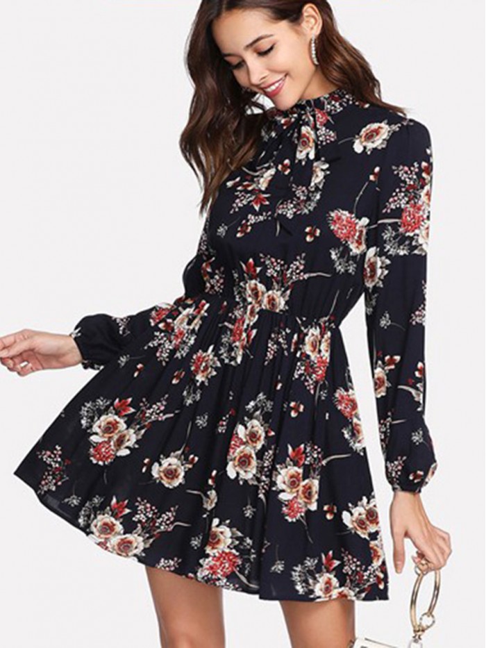 Regular Print Long Sleeve Stand Collar Above Knee Floral Dress