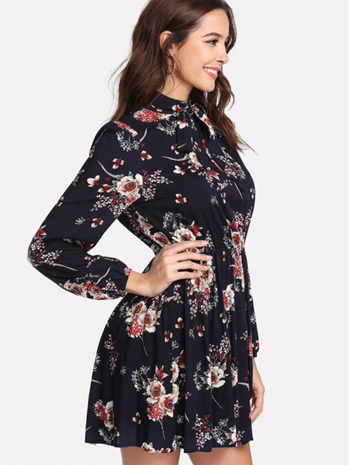 Regular Print Long Sleeve Stand Collar Above Knee Floral Dress