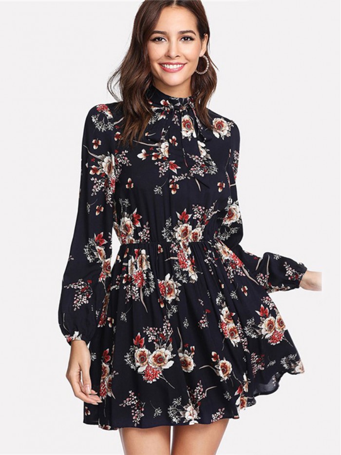 Regular Print Long Sleeve Stand Collar Above Knee Floral Dress