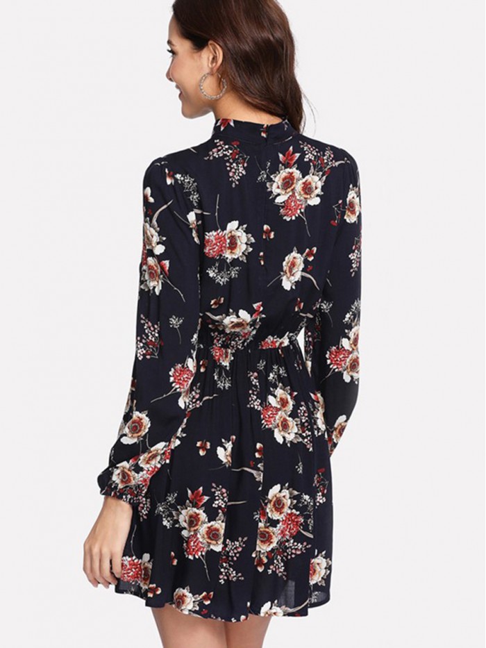 Regular Print Long Sleeve Stand Collar Above Knee Floral Dress