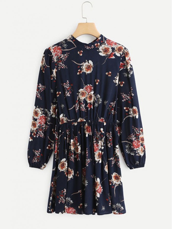 Regular Print Long Sleeve Stand Collar Above Knee Floral Dress