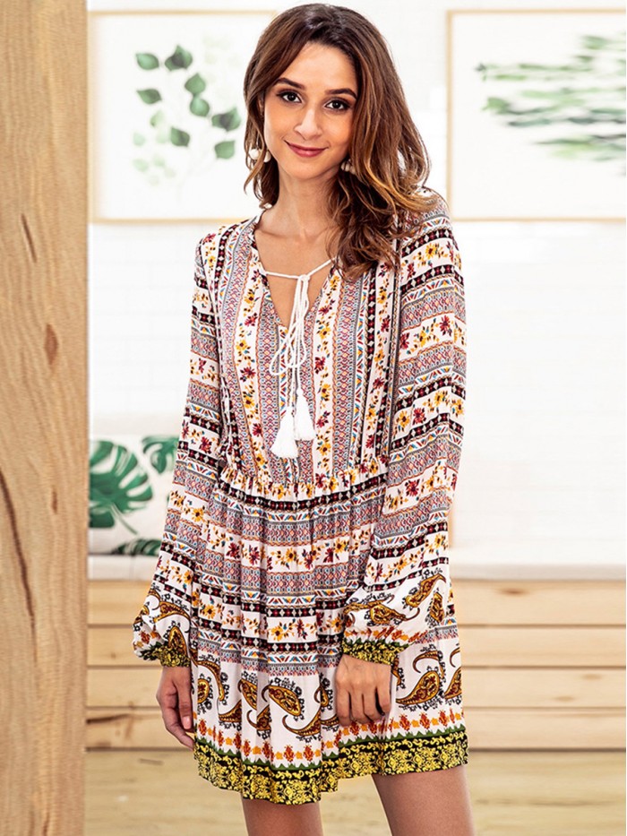 Bohemian Above Knee Floral Casual V-Neck Long Sleeve Dress