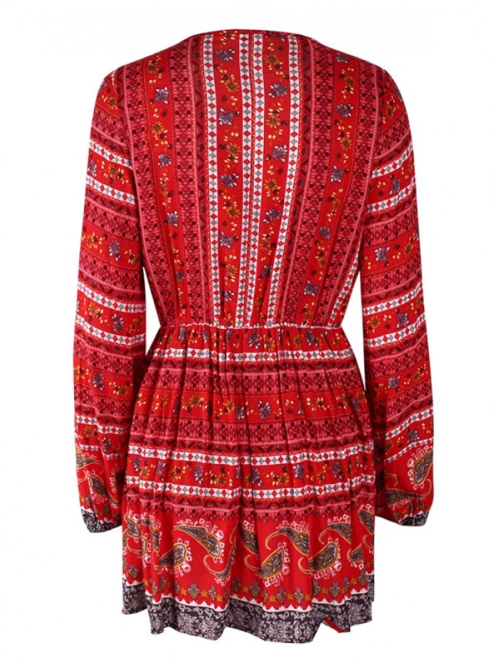 Bohemian Above Knee Floral Casual V-Neck Long Sleeve Dress