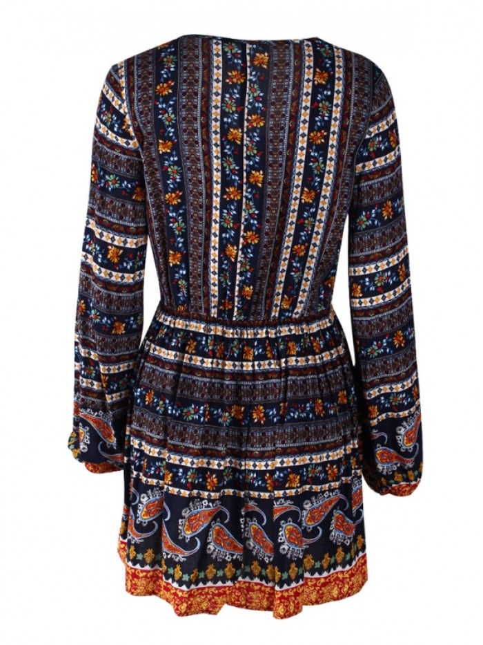 Bohemian Above Knee Floral Casual V-Neck Long Sleeve Dress