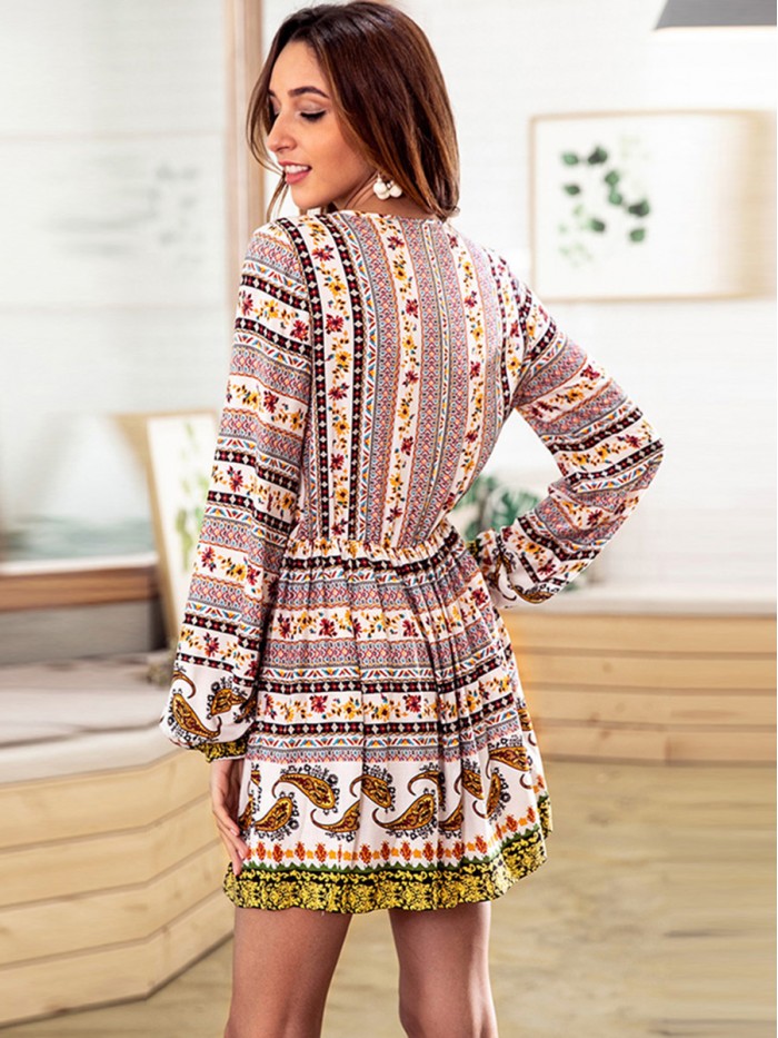 Bohemian Above Knee Floral Casual V-Neck Long Sleeve Dress