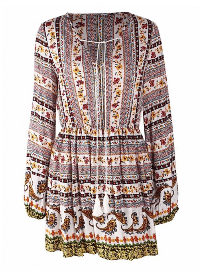 Bohemian Above Knee Floral Casual V-Neck Long Sleeve Dress