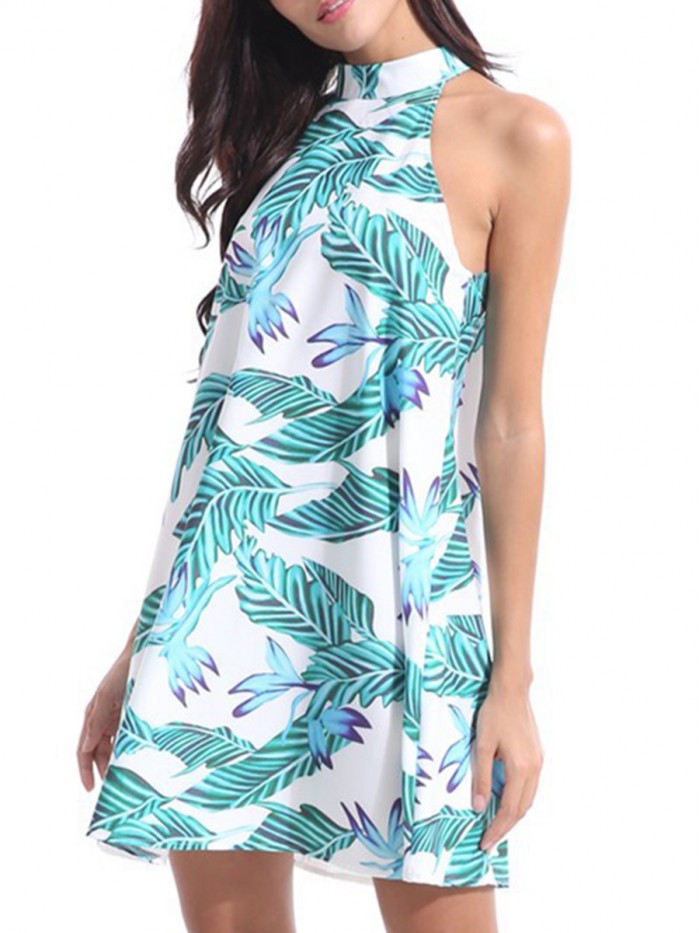 Fashion Green Print Sleeveless Standard-Waist Above Knee Dress