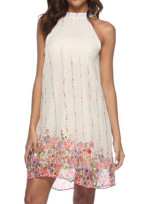 White Floral Summer Print Sleeveless Casual Dress