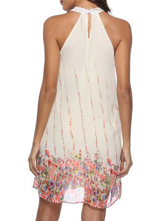 White Floral Summer Print Sleeveless Casual Dress