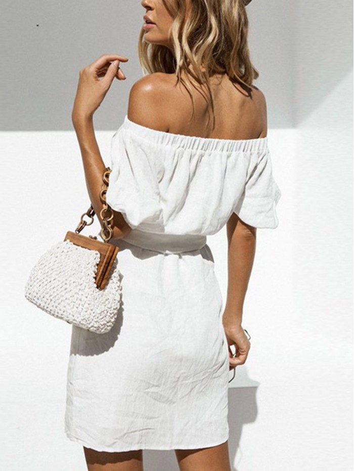 Fashion Pure White Standard-Waist Off-the-shoulder short Sleeve Dress