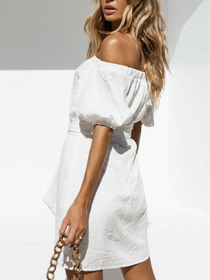 Fashion Pure White Standard-Waist Off-the-shoulder short Sleeve Dress