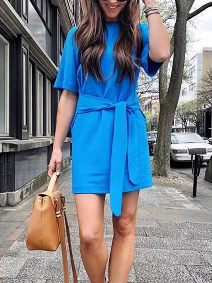 Blue/Purple Casual Round Neck Above Knee Dress