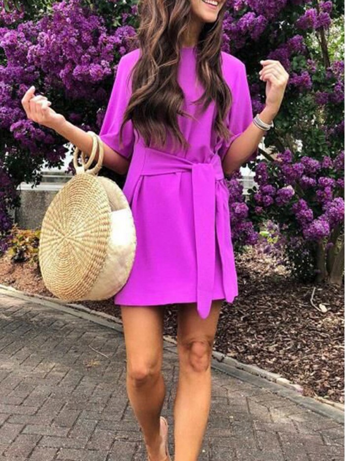 Blue/Purple Casual Round Neck Above Knee Dress