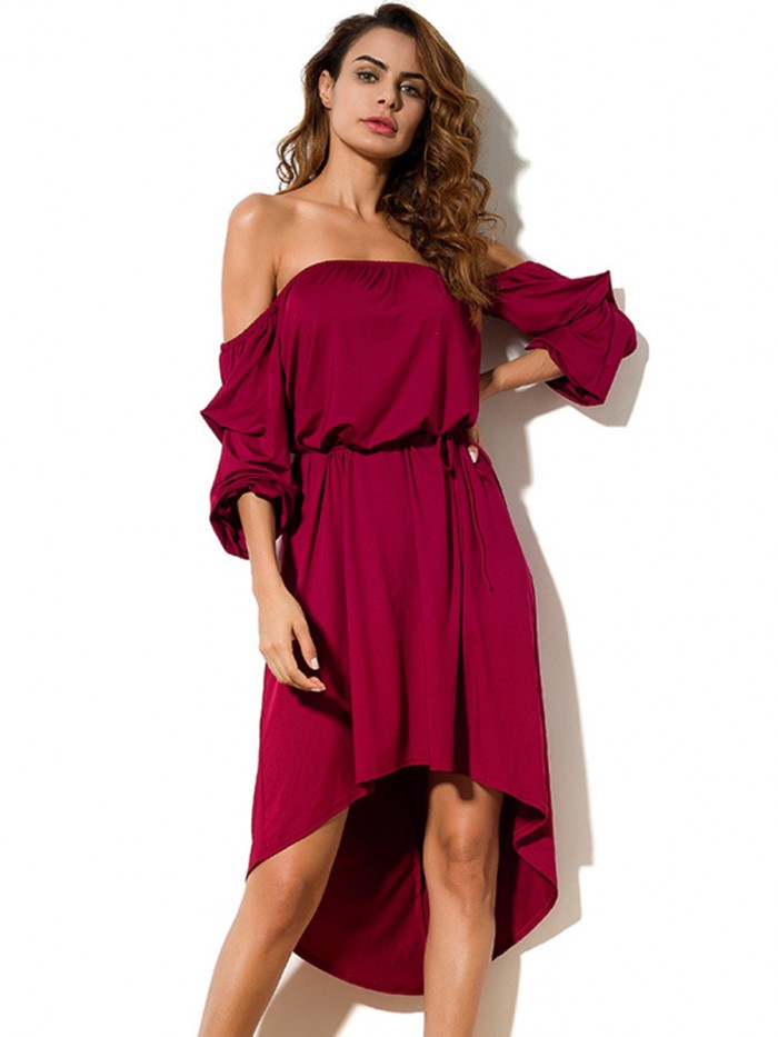 Elegant Asymmetric Solid Color Off-The-Shoulder Dress