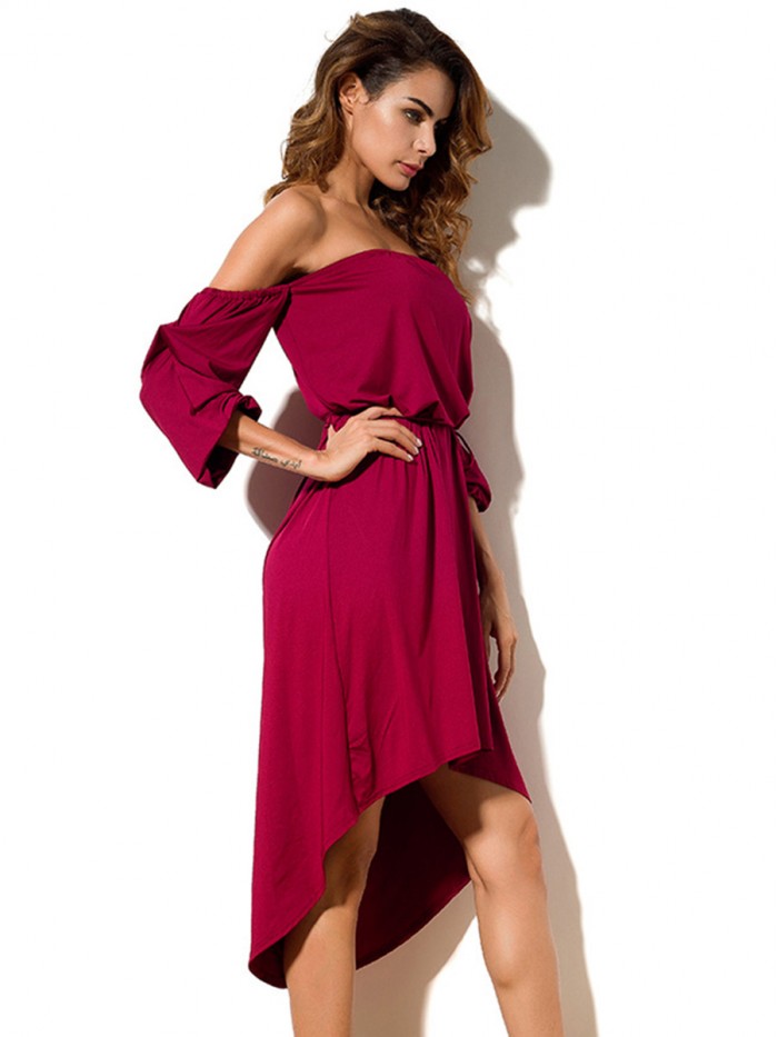 Elegant Asymmetric Solid Color Off-The-Shoulder Dress