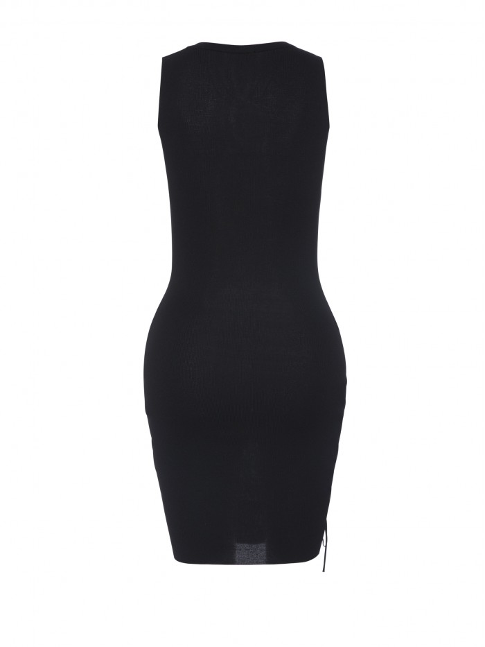 Black Sexy Lace-up Knee-Length Sleeveless Round Neck Bodycon Dress