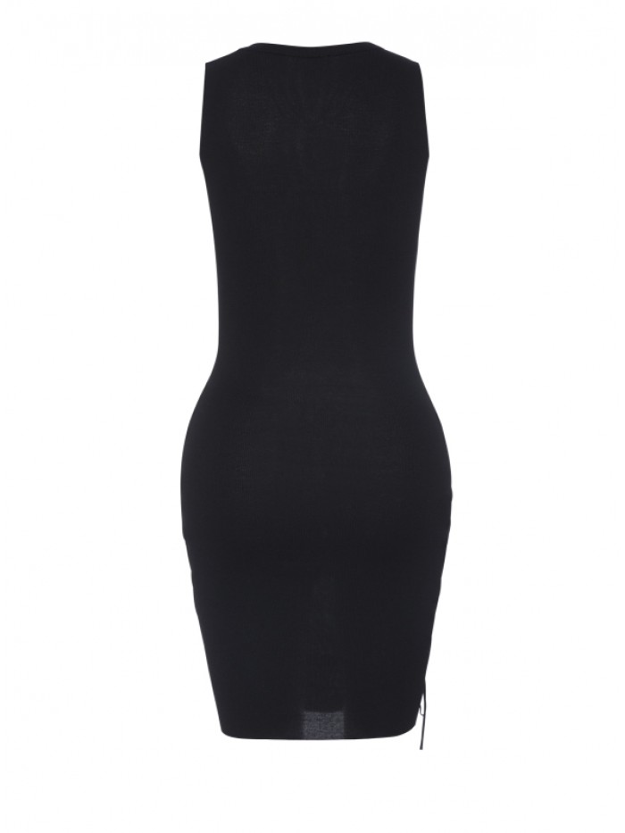 Black Sexy Lace-up Knee-Length Sleeveless Round Neck Bodycon Dress